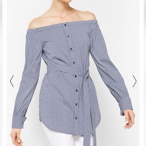 Michael Kors Collection Gingham Cotton-Poplin Off the Shoulder Tunic